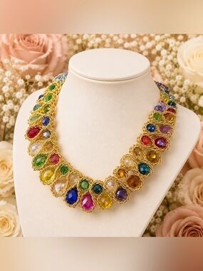 Multicolor Crystal Teardrop Necklace - Gold Chain